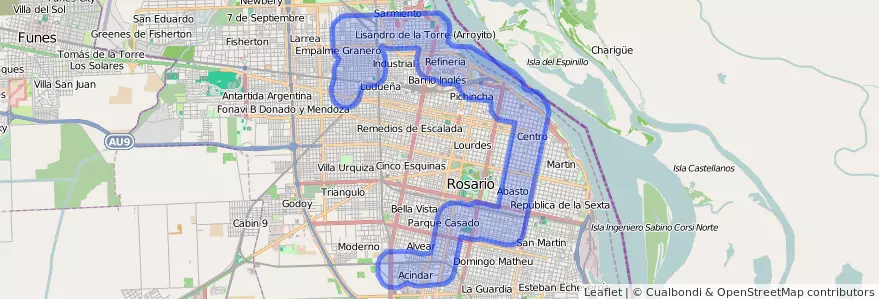 Public transportation coverage of the line 129 in Rosario.