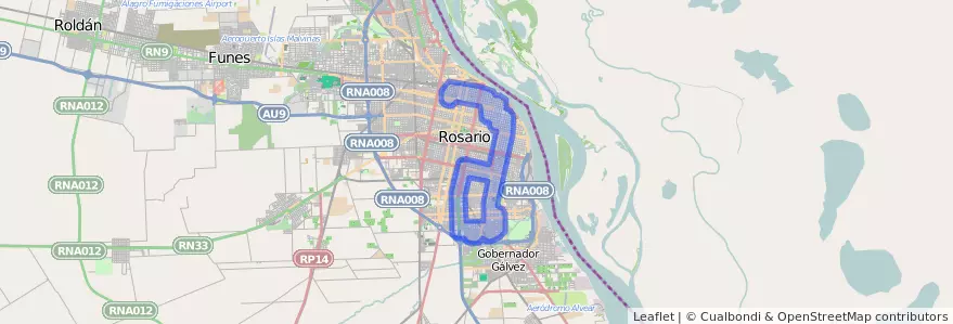 Public transportation coverage of the line 136 in Rosario.
