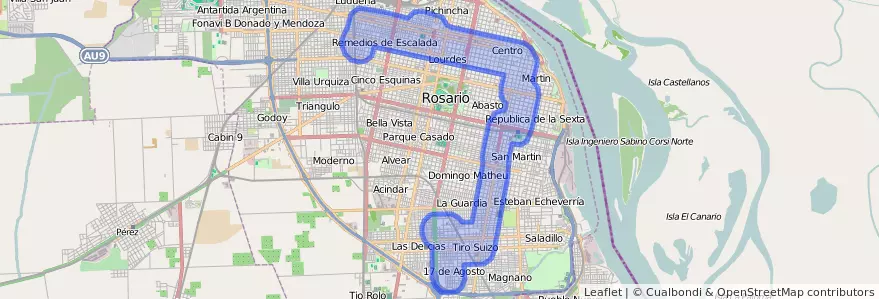 Public transportation coverage of the line 139 in Rosario.