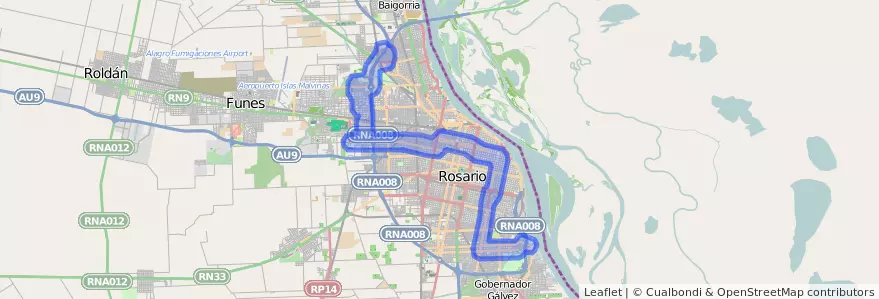 Public transportation coverage of the line 142 in Rosario.