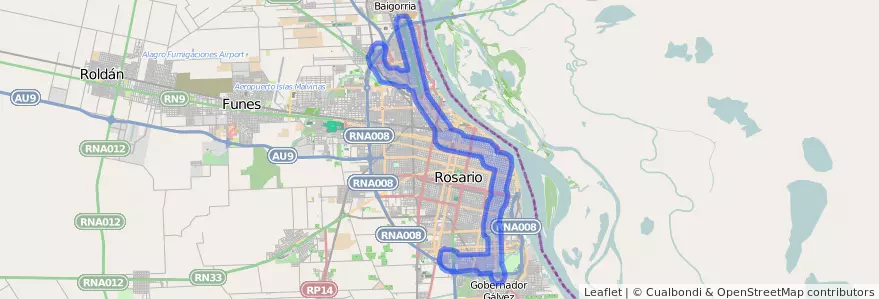 Public transportation coverage of the line 143 in Rosario.