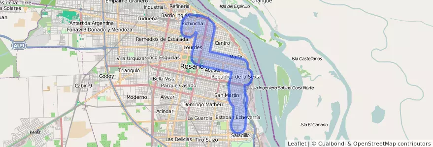 Public transportation coverage of the line 144 in Rosario.