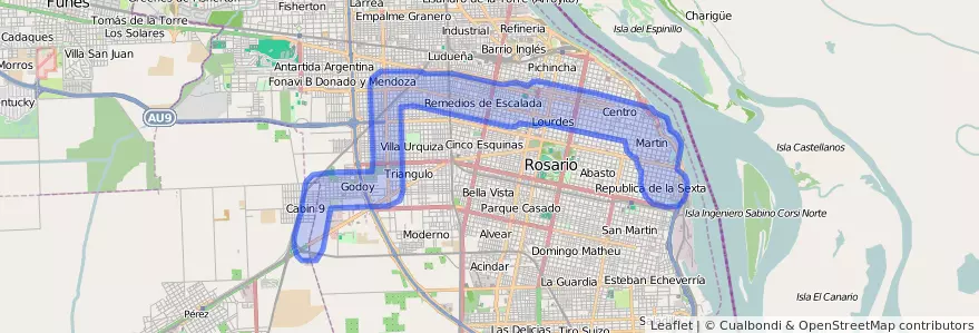 Liputan pengangkutan awam talian 145 dalam Rosario.
