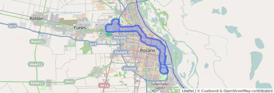 Public transportation coverage of the line 146 in Rosario.