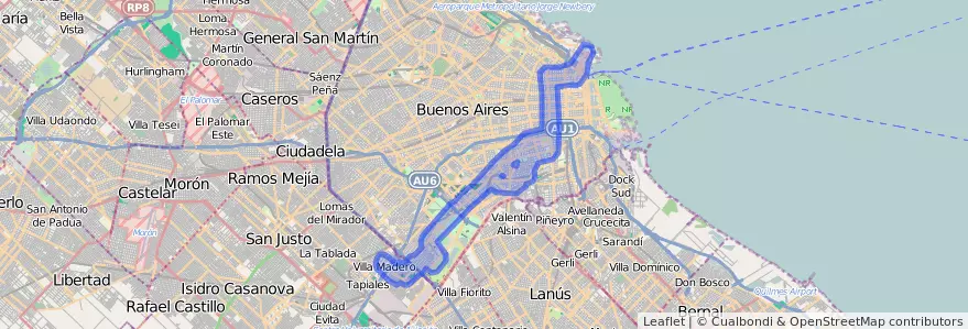 Public transportation coverage of the line 150 in Autonomous City of Buenos Aires.