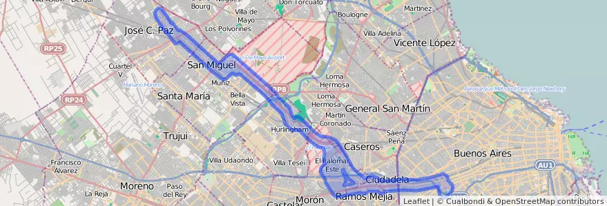 Public transportation coverage of the line 182 in Buenos Aires.