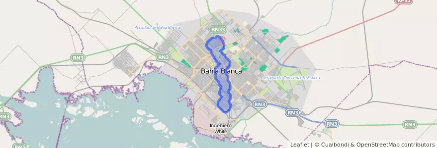 Public transportation coverage of the line 502 in Bahía Blanca.