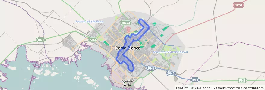 Public transportation coverage of the line 503 in Bahía Blanca.