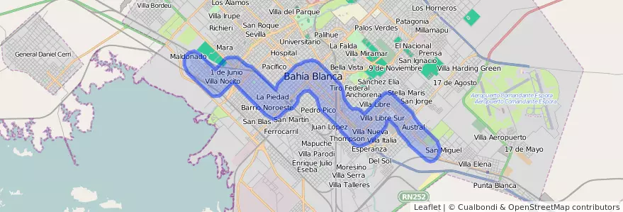 Public transportation coverage of the line 514 in Bahía Blanca.