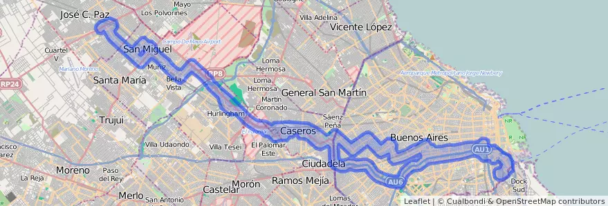Public transportation coverage of the line 53 in Argentina.