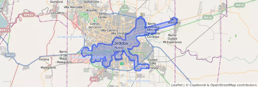 Cobertura de transporte público de la línea C (Amarillo) en Municipio de Córdoba.