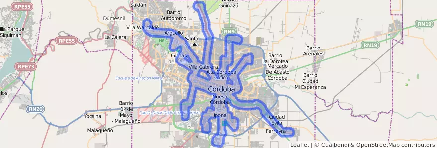 Dekking van het openbaar vervoer van de lijn D (Diferencial) in Municipio de Córdoba.