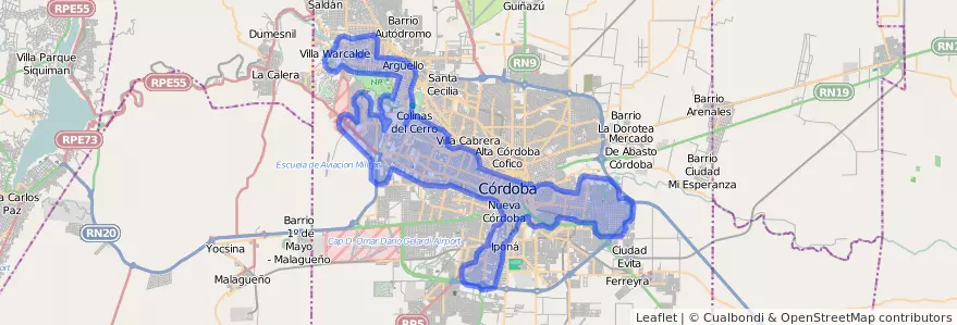 Liputan pengangkutan awam talian E (Celeste) dalam Municipio de Córdoba.