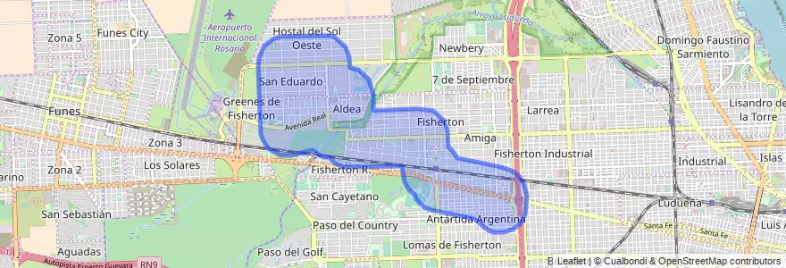 Public transportation coverage of the line Enlace in Rosario.