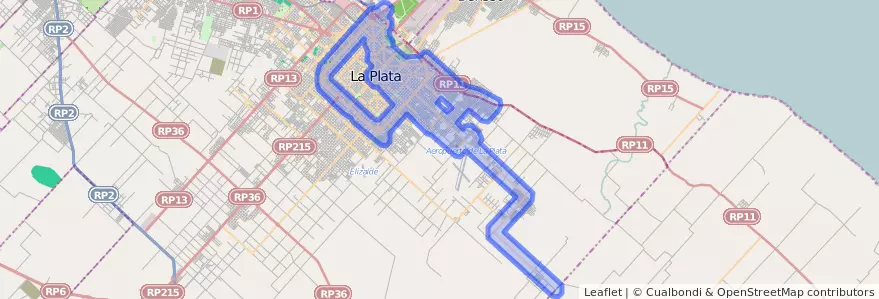 Public transportation coverage of the line Este in Partido de La Plata.