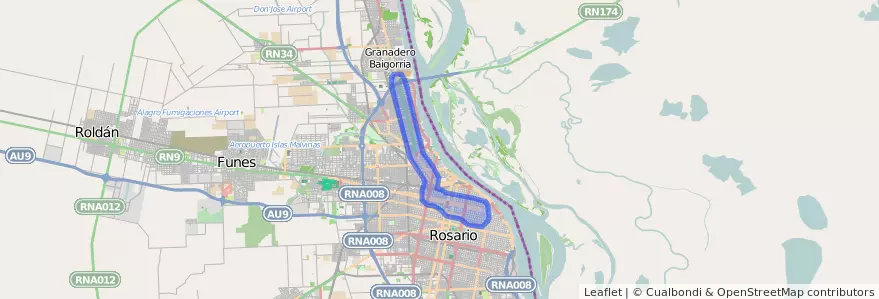Public transportation coverage of the line Expreso in Rosario.