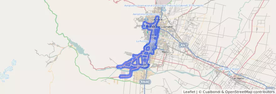 Liputan pengangkutan awam talian G01 dalam Mendoza.