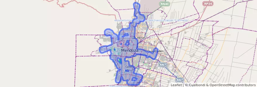 Public transportation coverage of the line G03 in Mendoza.
