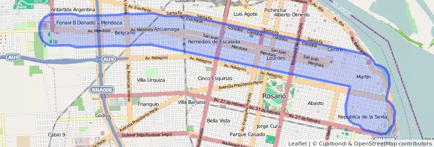Public transportation coverage of the line K in Rosario.