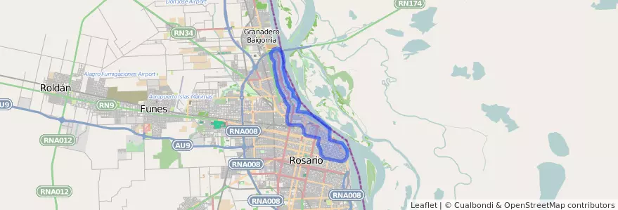 Copertura del trasporto pubblico della linea Linea de la Costa a Municipio de Rosario.