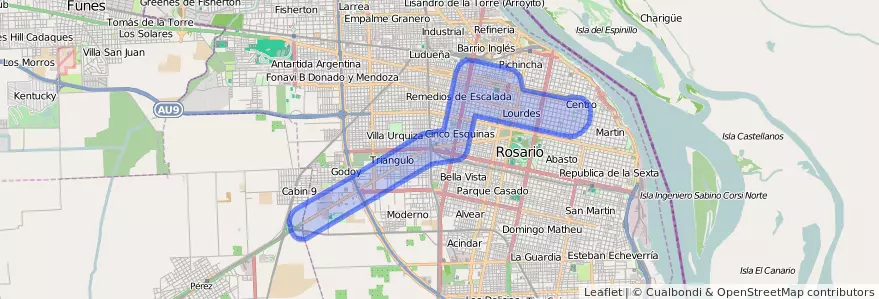 Dekking van het openbaar vervoer van de lijn Metropolitana in Rosario.