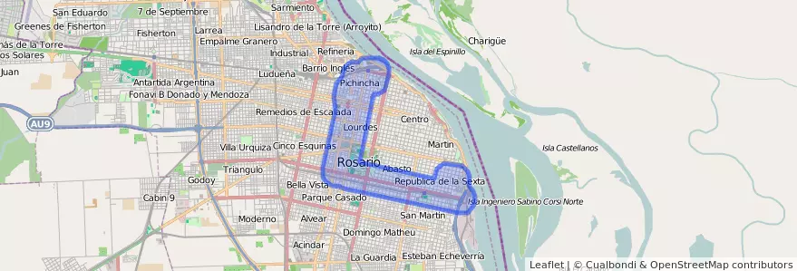 Public transportation coverage of the line Ronda del Centro in Rosario.