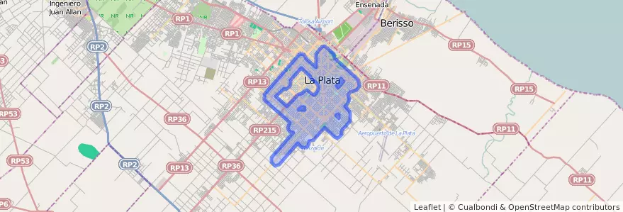 Public transportation coverage of the line Sur in Partido de La Plata.