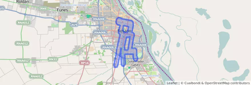 Public transportation coverage of the line TIRSA in Rosario.