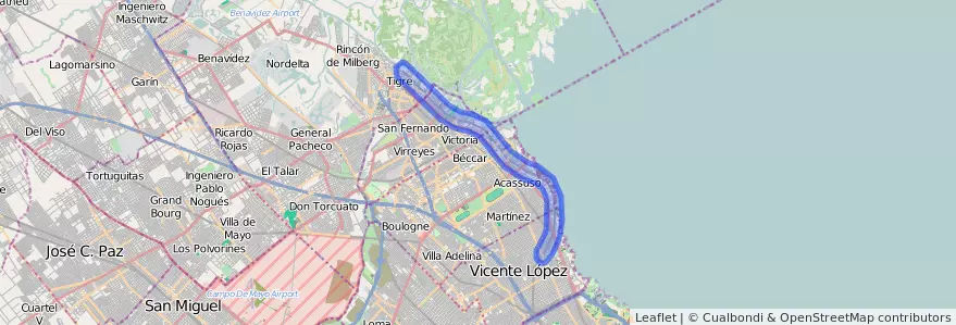Couverture de la ligne Tren de La Costa dans Province de Buenos Aires.