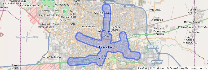 Cobertura de transporte público de la línea Trolebus en Municipio de Córdoba.