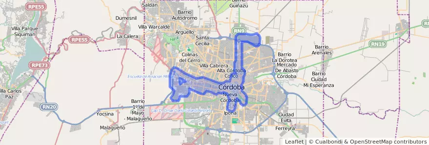 Liputan pengangkutan awam talian V (Verde) dalam Municipio de Córdoba.