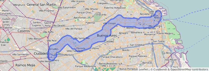 Cobertura de transporte público da linha 106 em Ciudad Autónoma de Buenos Aires.