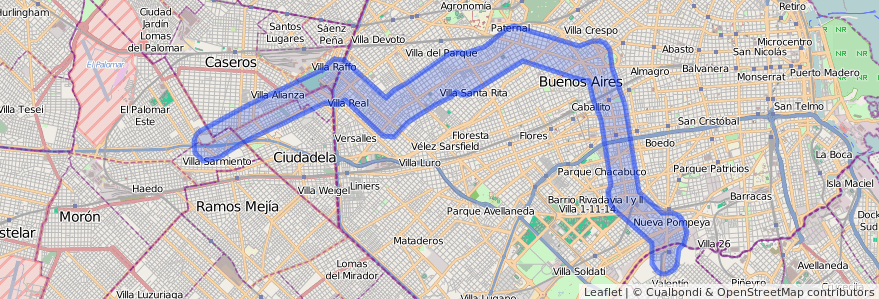 Public transportation coverage of the line 135 in Argentina.