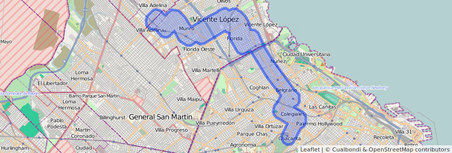 Public transportation coverage of the line 184 in Argentina.