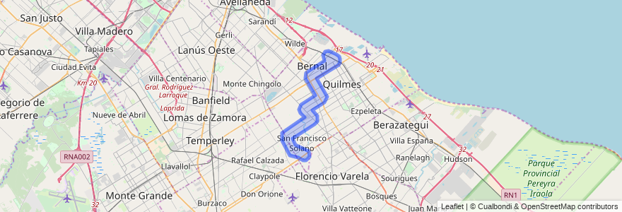 Copertura del trasporto pubblico della linea 219 a Partido de Quilmes.