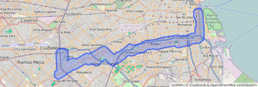 Public transportation coverage of the line 4 in Autonomous City of Buenos Aires.