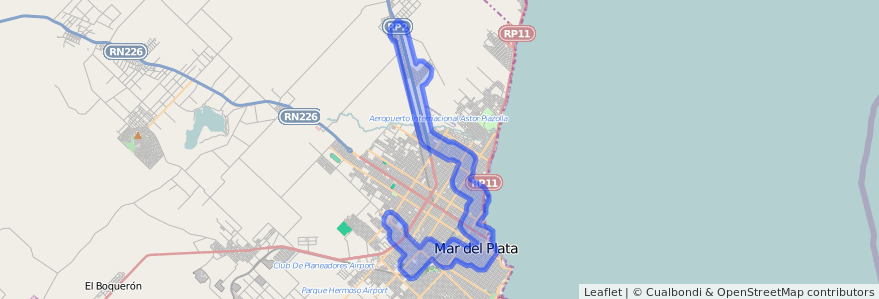 线路的公共交通覆盖 543 在 Mar del Plata.