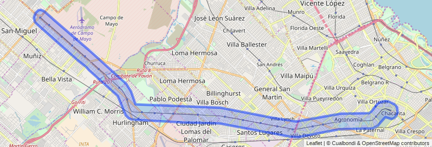 Public transportation coverage of the line Ferrocarril General Urquiza in Argentina.