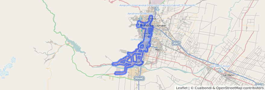 Cobertura de transporte público de la línea G01 en Mendoza.