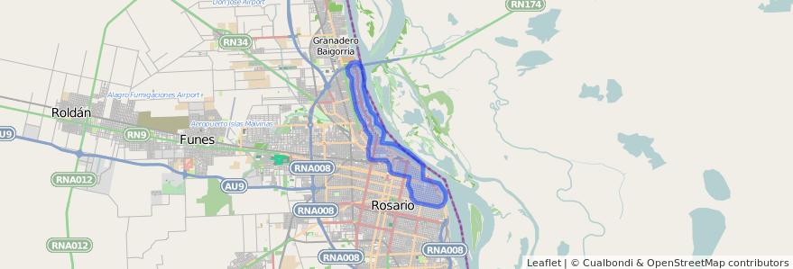 Общественный транспорт покрытия линии Linea de la Costa в Municipio de Rosario.