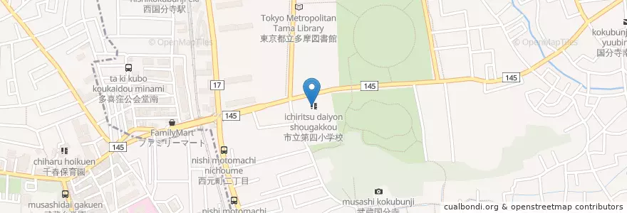 Mapa de ubicacion de 市立第四小学校 en Japan, 東京都, 国分寺市, 府中市.