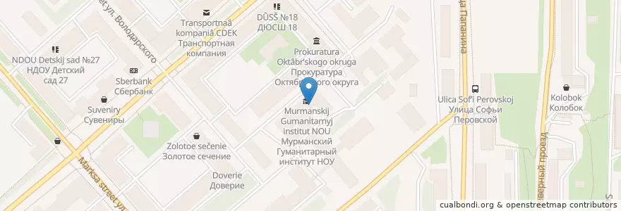 Mapa de ubicacion de Мурманский Гуманитарный институт НОУ en Russland, Föderationskreis Nordwest, Oblast Murmansk, Городской Округ Мурманск.