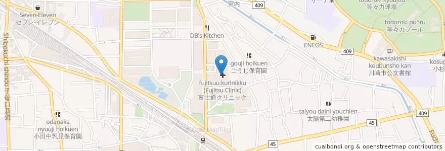 Mapa de ubicacion de 富士通クリニック (Fujitsu Clinic) en ژاپن, 神奈川県, 川崎市, 中原区.