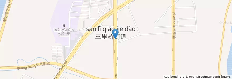 Mapa de ubicacion de 三里桥街道 en China, Anhui, Lu'an, 六安市区, 金安区 (Jin'an), 三里桥街道.