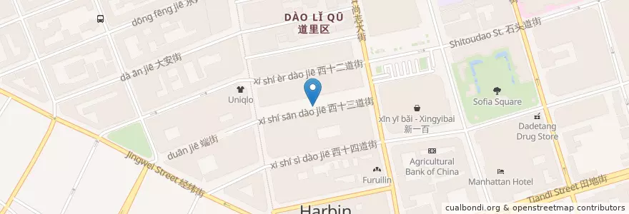 Mapa de ubicacion de 尚志街道 en 中国, 黑龙江省, 道里区, 经纬街道, 尚志街道.