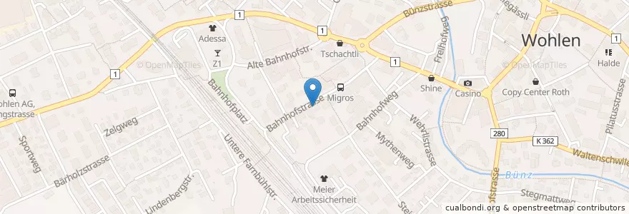 Mapa de ubicacion de Migros Bank en Suiza, Aargau, Bezirk Bremgarten, Wohlen.