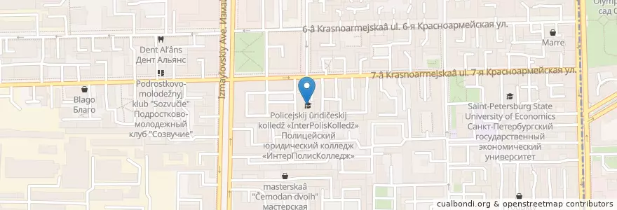 Mapa de ubicacion de Полицейский юридический колледж «ИнтерПолисКолледж» en ロシア, 北西連邦管区, レニングラード州, サンクト ペテルブルク, Адмиралтейский Район, Округ Измайловское.