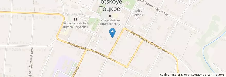 Mapa de ubicacion de Тоцкая районная библиотека en ロシア, 沿ヴォルガ連邦管区, オレンブルク州, トーツコエ地区, Тоцкий Сельсовет.