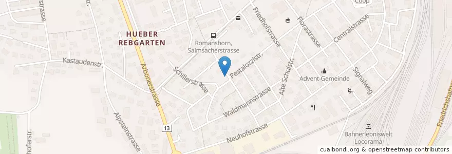 Mapa de ubicacion de Pestalozziplatz en Schweiz/Suisse/Svizzera/Svizra, Thurgau, Bezirk Arbon, Romanshorn.