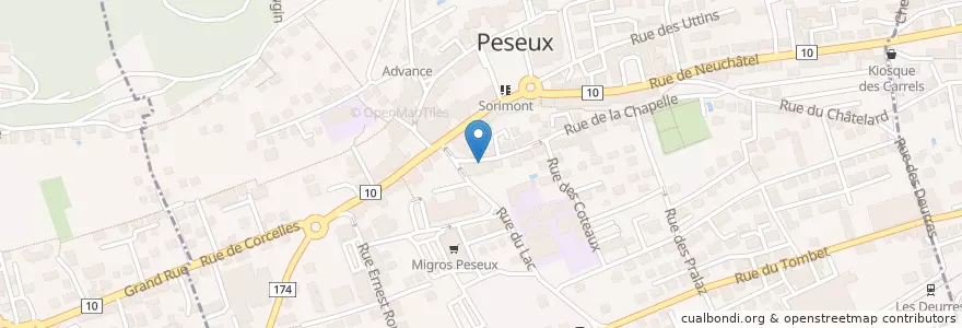 Mapa de ubicacion de Boîte aux lettres Peseux, Office de poste Peseux en スイス, Neuchâtel, District De Boudry, Peseux.